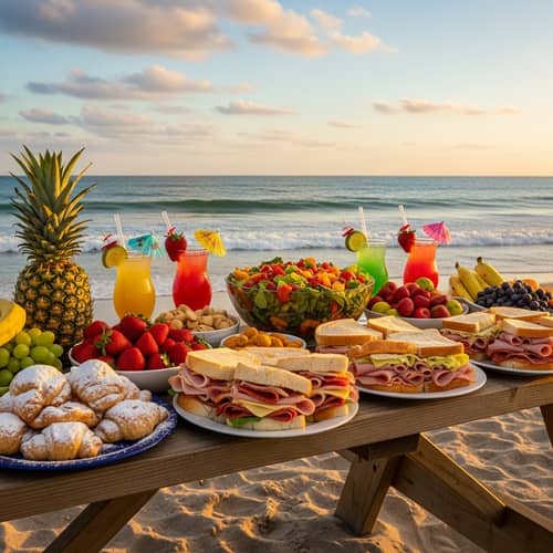 Colorful Beach Picnic with Fruits, Sandwiches, Salad & Pastries