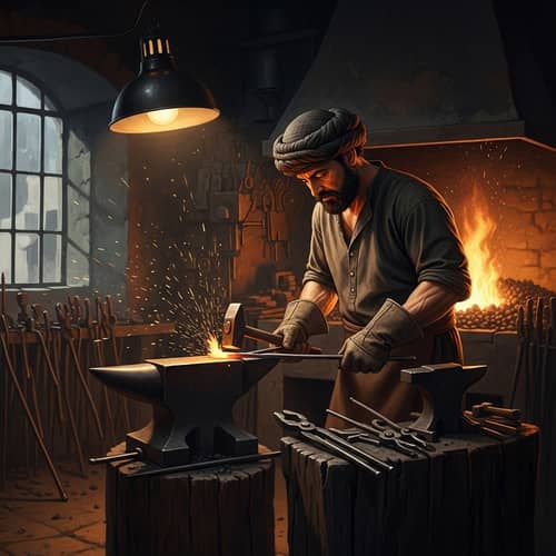 Skilled Middle-Eastern Blacksmith in Dimly Lit Forge