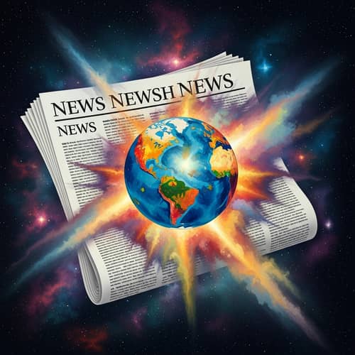 Expressive Oil Painting of Newspaper with Globe in Nebula