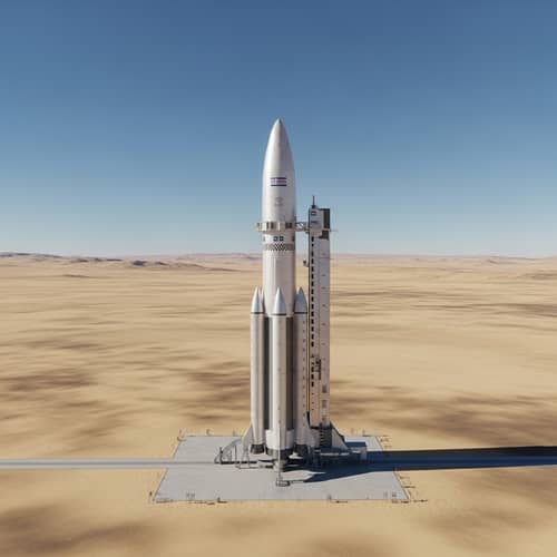Sleek Rocket Ready for Launch in Vast Desert
