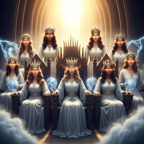 Powerful Women in Majestic White Gowns on Thrones