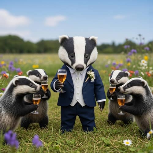 Elegant Wedding Badger & Playful Little Ones Toasting Joyfully