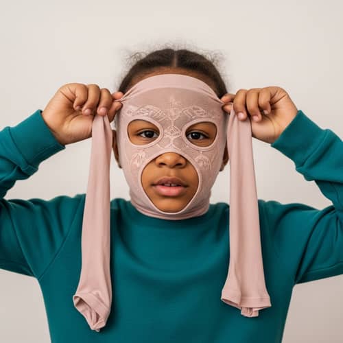 Creative Child Playing with Pantyhose Mask - Fun Home Costume