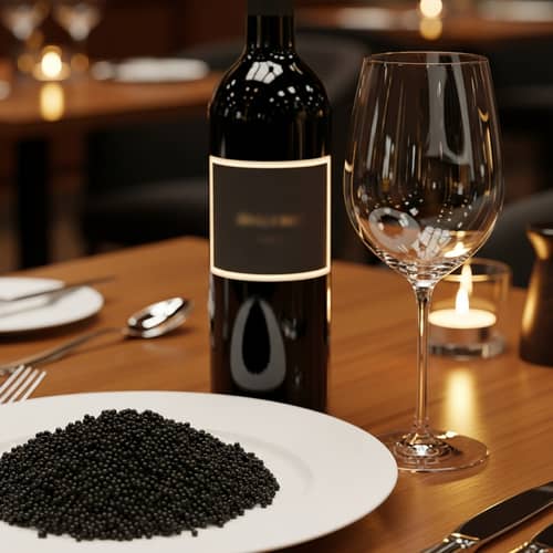 Luxurious Restaurant Setting with Caviar, Red Wine, and Ambiance