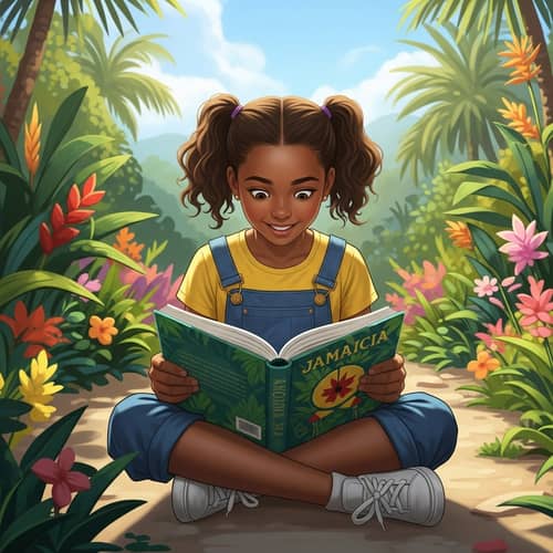 Happy Jamaican Girl Reading Book in Tropical Landscape