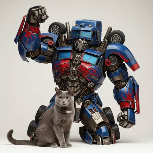 Transformative Vehicle Hero and Grey Domestic Feline Encounter