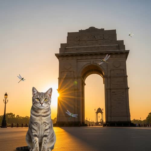 Grey Tabby Cat at India Gate | Enchanting Sunset Scene