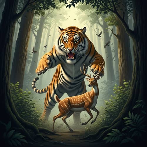 Dramatic Tiger vs Deer Action Scene in Dense Forest