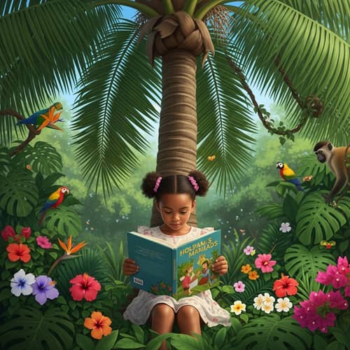 Multiethnic Little Girl Reading Book in Tropical Setting