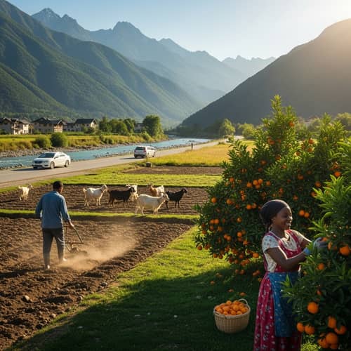 Tranquil Countryside Scenes: Mountain Peaks, Grazing Goats, and Orange Harvesting