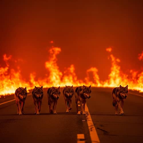 Rugged Wolves Striding on Scorching Road | Fiery Backdrop