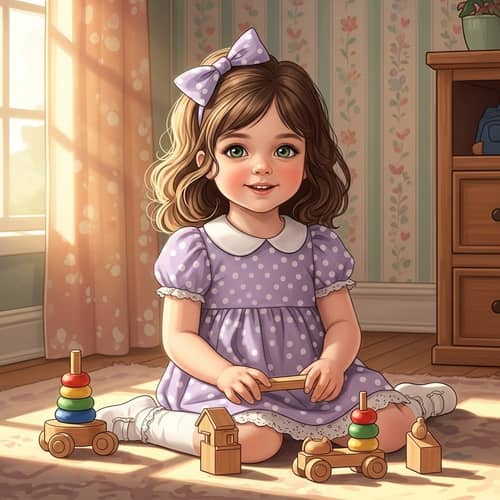 Charming Illustration of a Small Girl Playing Happily with Wooden Toys