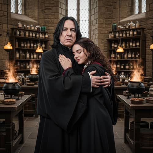 Severus Snape Embracing Girl in Dimly Lit Hogwarts Room