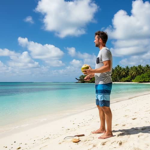 Tropical Island Man Enjoying a Fresh Coconut on White Sandy Beach