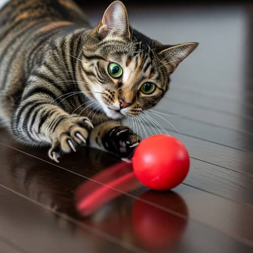 Playful Multicolored Tabby Cat Swatting at Red Ball