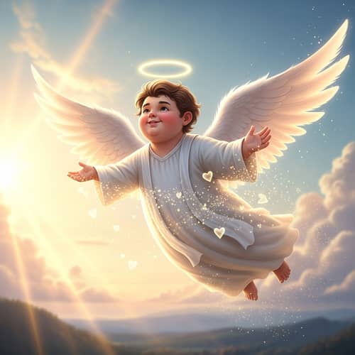 Chubby Cheerful Angel Spreading Joy with Halo and Feathered Wings