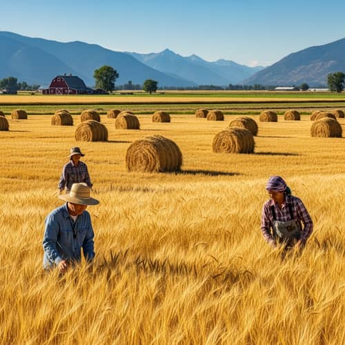 Picturesque Agricultural Landscape: Farmers, Wheat Fields, Barn