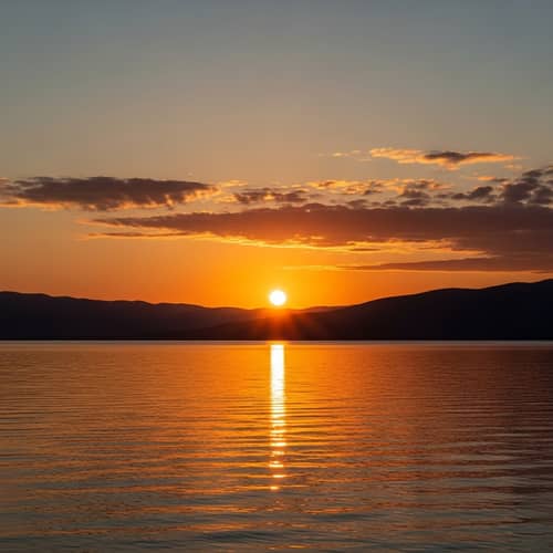Tranquil Evening Scene with Sunset, Lake, and Mountains
