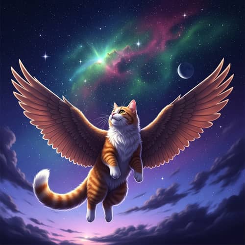 Flying Cat Soaring Through Star-Studded Sky