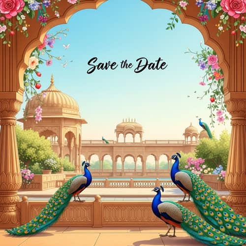 Royal Indian Style Wedding Save the Date Page with Rajasthani Garden and Peacocks