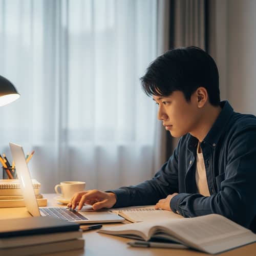 Focused Asian Male Student Studying at Home | Study Setup