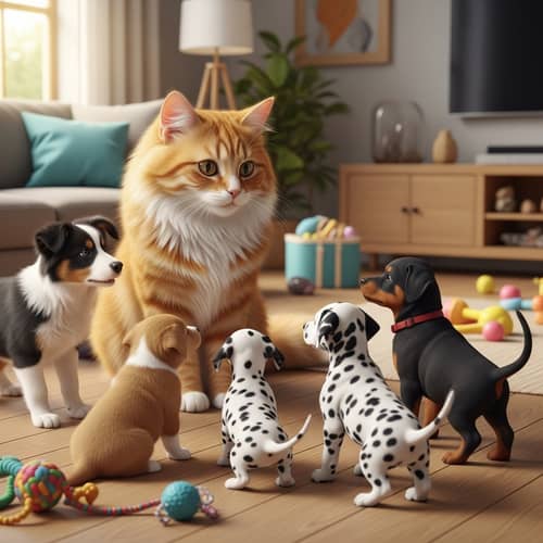 Female Cat Teaching Puppies: Nurturing Lessons in a Modern Living Room