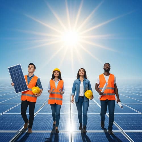 Diverse Solar Installation Team Under a Radiant Sun