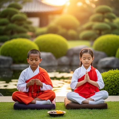 Tranquil Buddhist Children Meditation Scene in Temple Garden