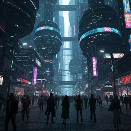 Futuristic Cyberpunk Cityscape: Spiraling Structures & Neon Lights