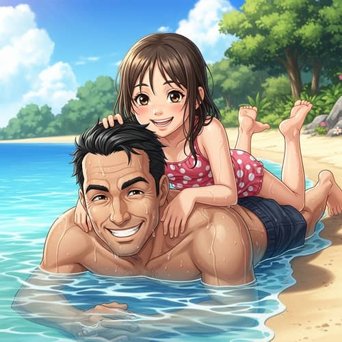 Vibrant Beachfront Animation: Father-Daughter Fun