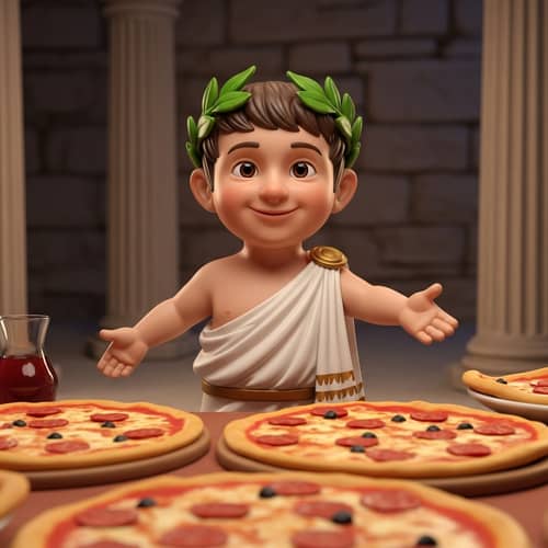 Small Roman Character Invites to Try Delicious Pizza