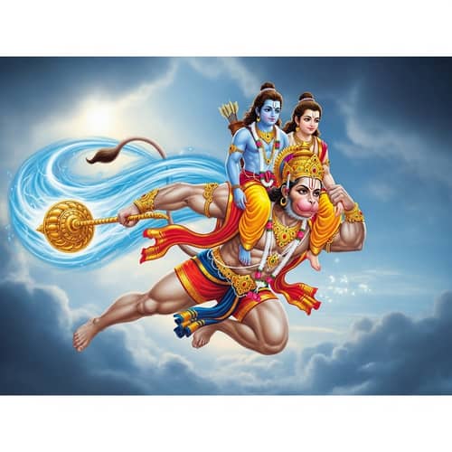 Hanuman - Strength and Agility Soaring Through the Sky with Ram and Lakshman