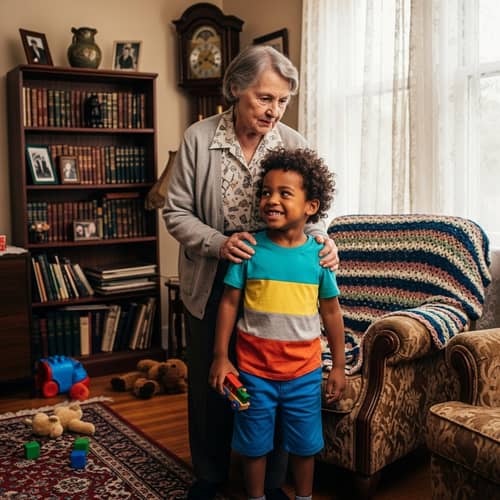 Family Bonding Moment: Elderly Woman Guides Playful Young Boy
