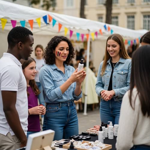 Vibrant Marketplace Scene: Woman Showcasing Newly Launched Beauty Product
