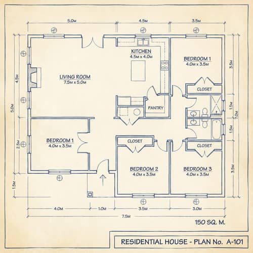 Detailed Residential House Blueprint | Room Divisions & Measurements
