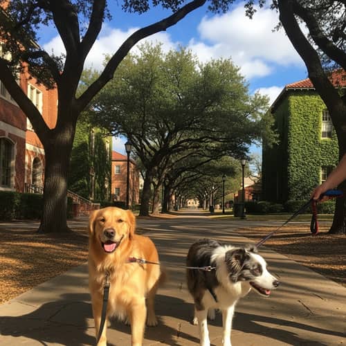 Two Dogs Walking on Texas Campus Two Dogs Walking on Texas Campus