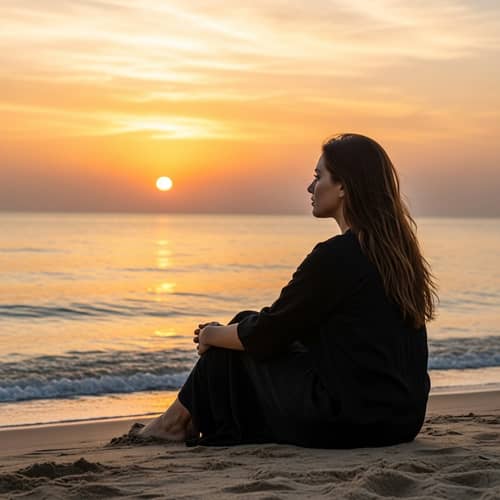 Serenity at Sea: Contemplative Woman by the Sunset Beach
