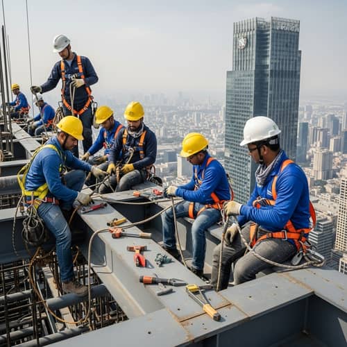 Diverse Construction Workers on Skyscraper | Urban Construction Site