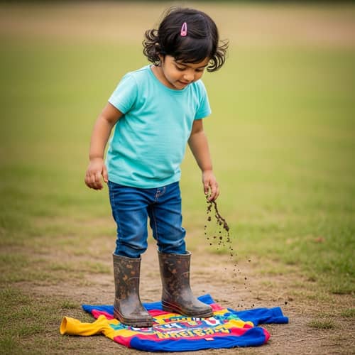 Young South Asian Girl in Shiny Boots on Colorful T-Shirt