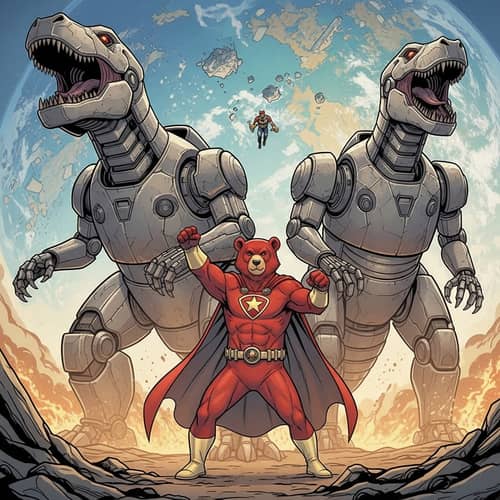 Red Bear Superhero Saves World with Robotic Dinosaurs