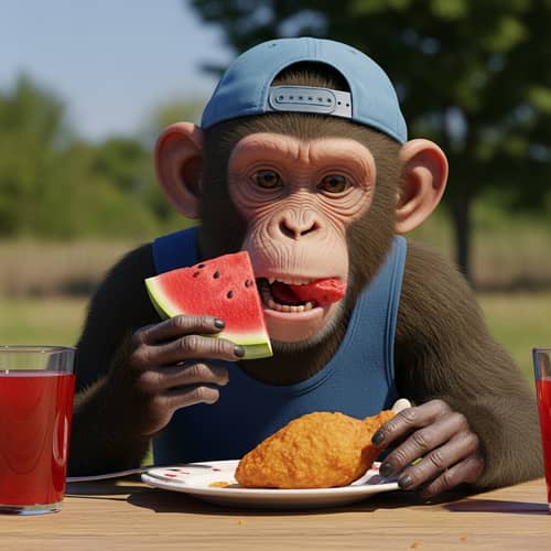 Hyperrealistic Humanoid Monkey Enjoying Picnic - Whimsical Fantasy Art