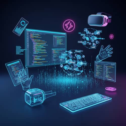 Futuristic Coding Toolbox: Advanced Software, AR Debugging, Cyber Orbs