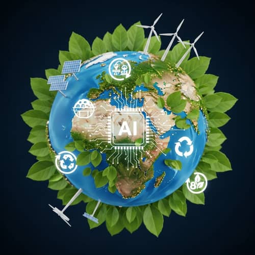 Sustainable Future Powered by AI: Green Globe & Energy Symbols