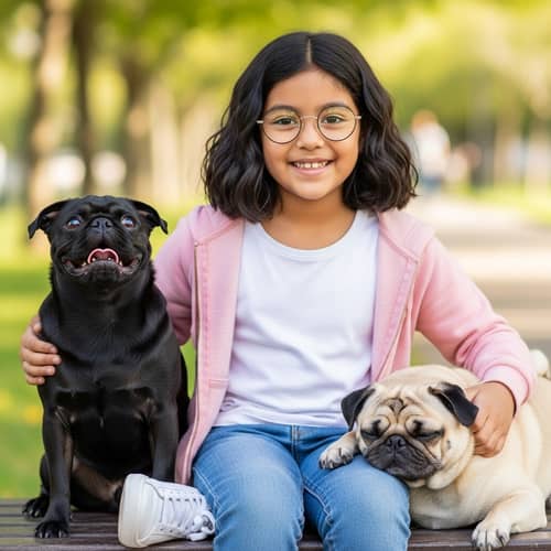 Hispanic Girl with Black Hair and Pugs