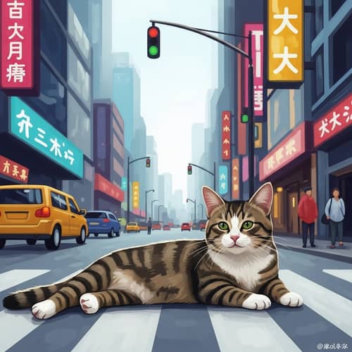Cheerful Tabby Cat Lounging on City Street | Vibrant Illustration