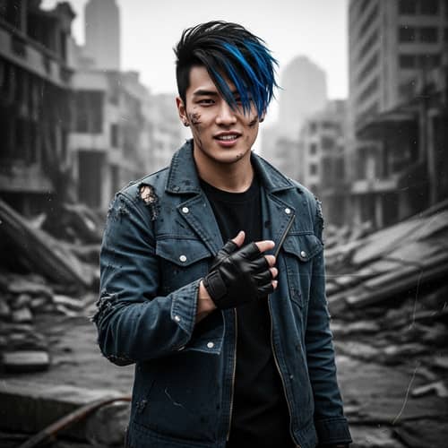 Resilient Young Man in Post-Apocalyptic City | Black and Blue Aesthetic