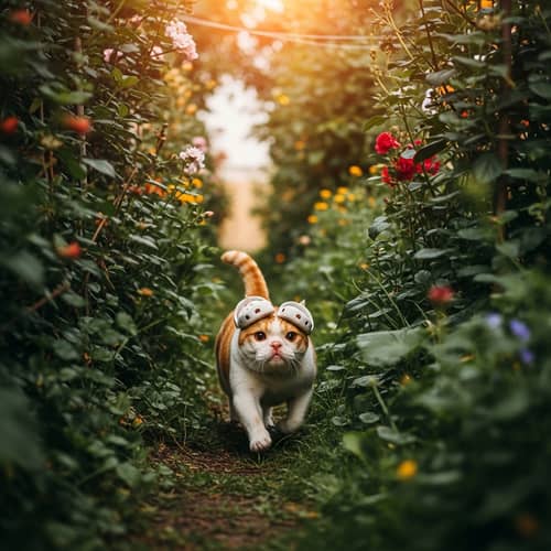 Adorable Bulldog Cat in Crocs Galloping Through Lush Garden