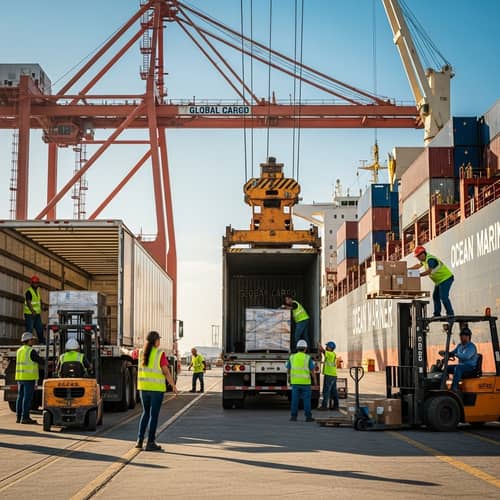 Diverse Workers Loading Goods into Freight Truck, Container & Ship