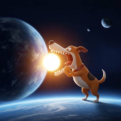 Giant Cartoon Dog in Space Catching Sun in Playful Act