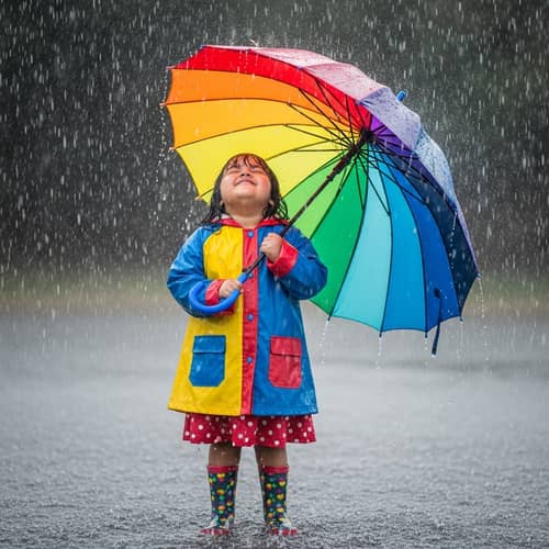 Chubby South Asian Girl Delights in Rain with Rainbow Umbrella